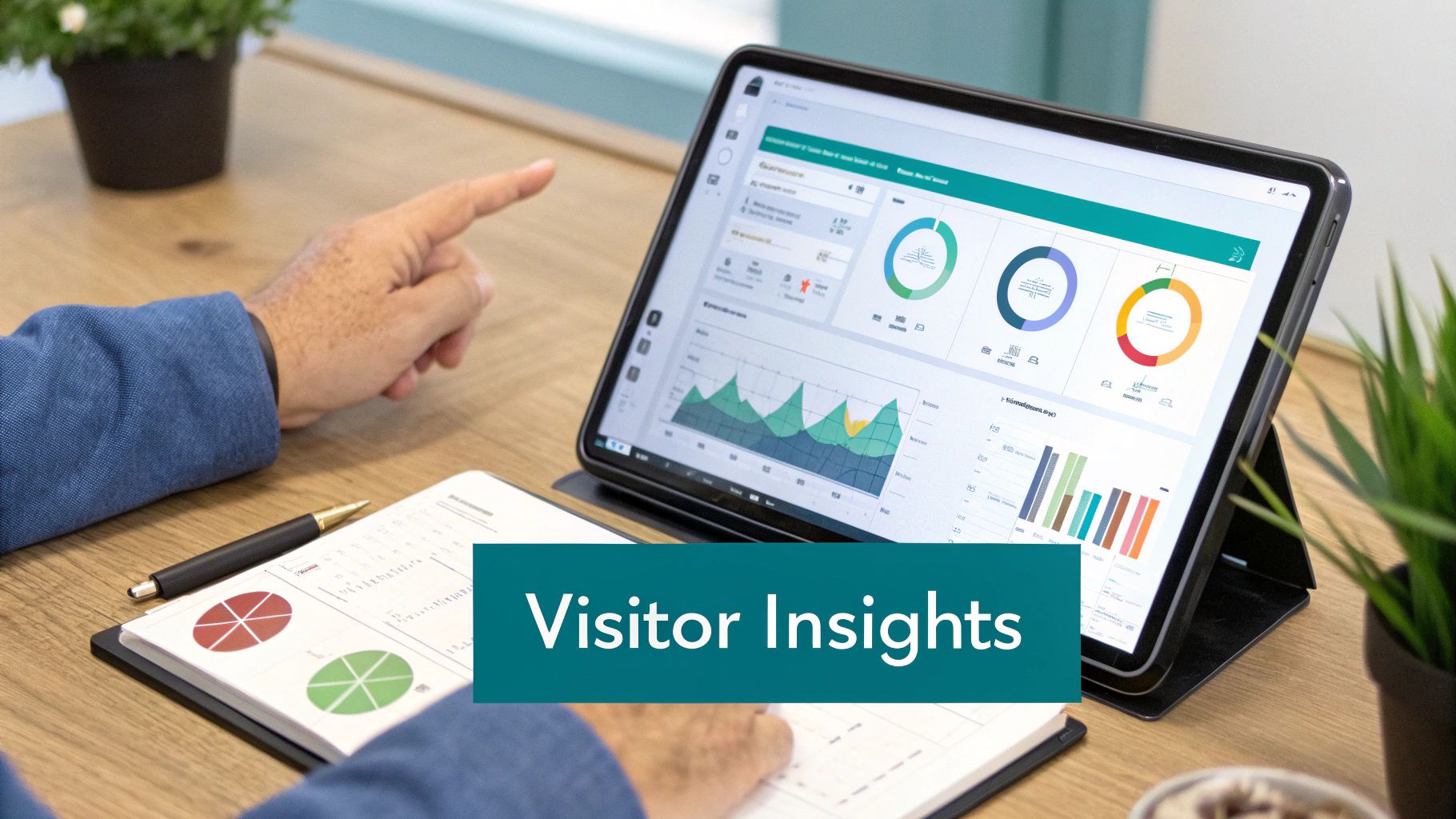 A person's hands reviewing visitor insights and data on a tablet and notebook with charts.