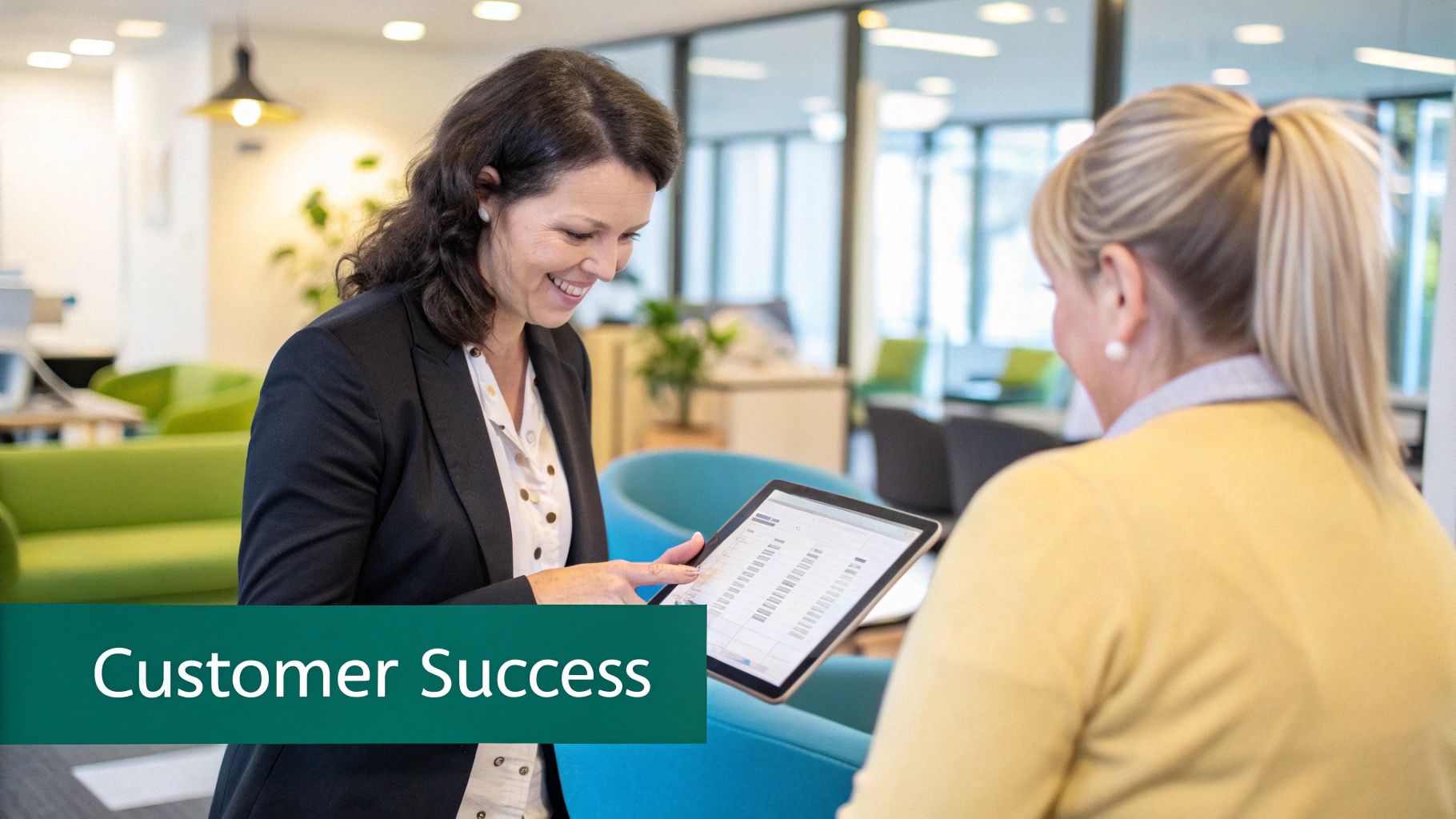 A person being guided through an onboarding process on a tablet, symbolizing a smooth customer success journey facilitated by Wi-Fi.