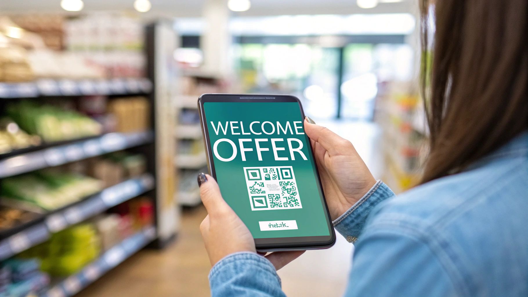 Customer in a grocery store holds a smartphone displaying a 'WELCOME OFFER' QR code.
