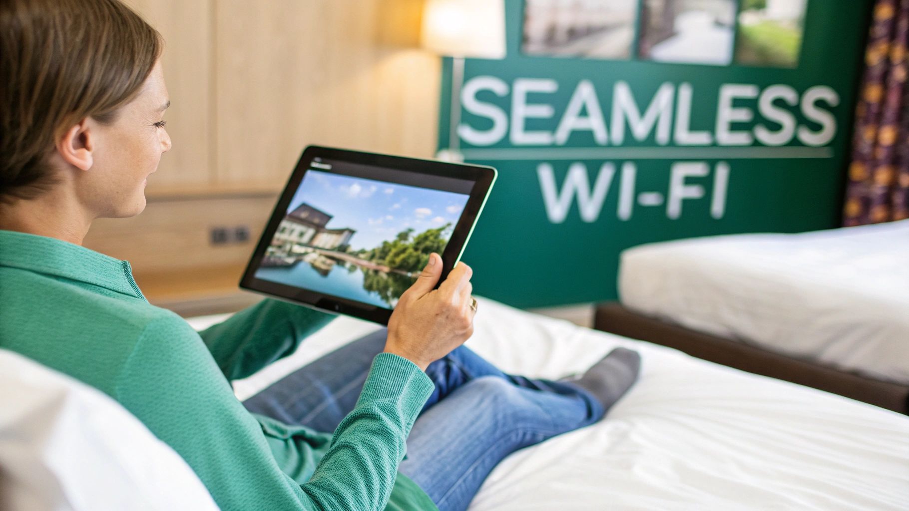 A person in a hotel room relaxing on a bed, looking at a tablet displaying a scenic image.