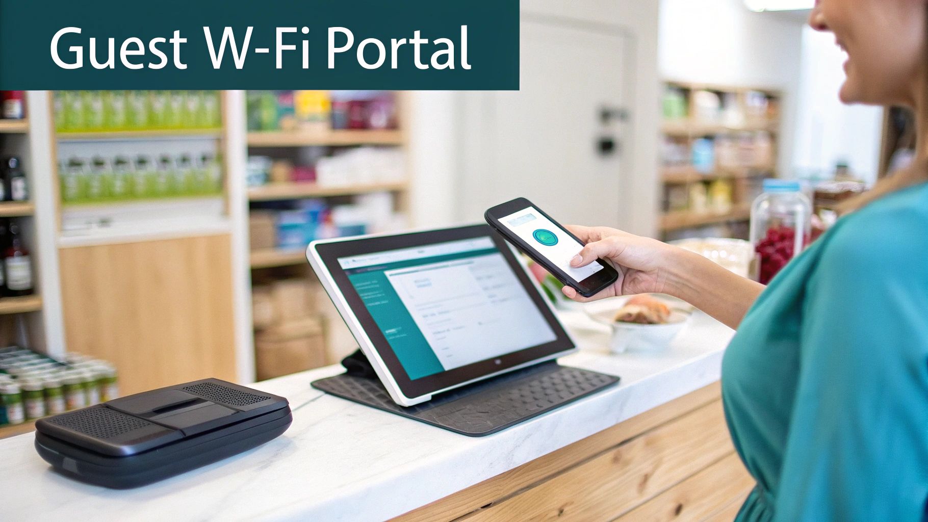 A person uses a smartphone to connect to a guest Wi-Fi portal on a tablet in a modern store.