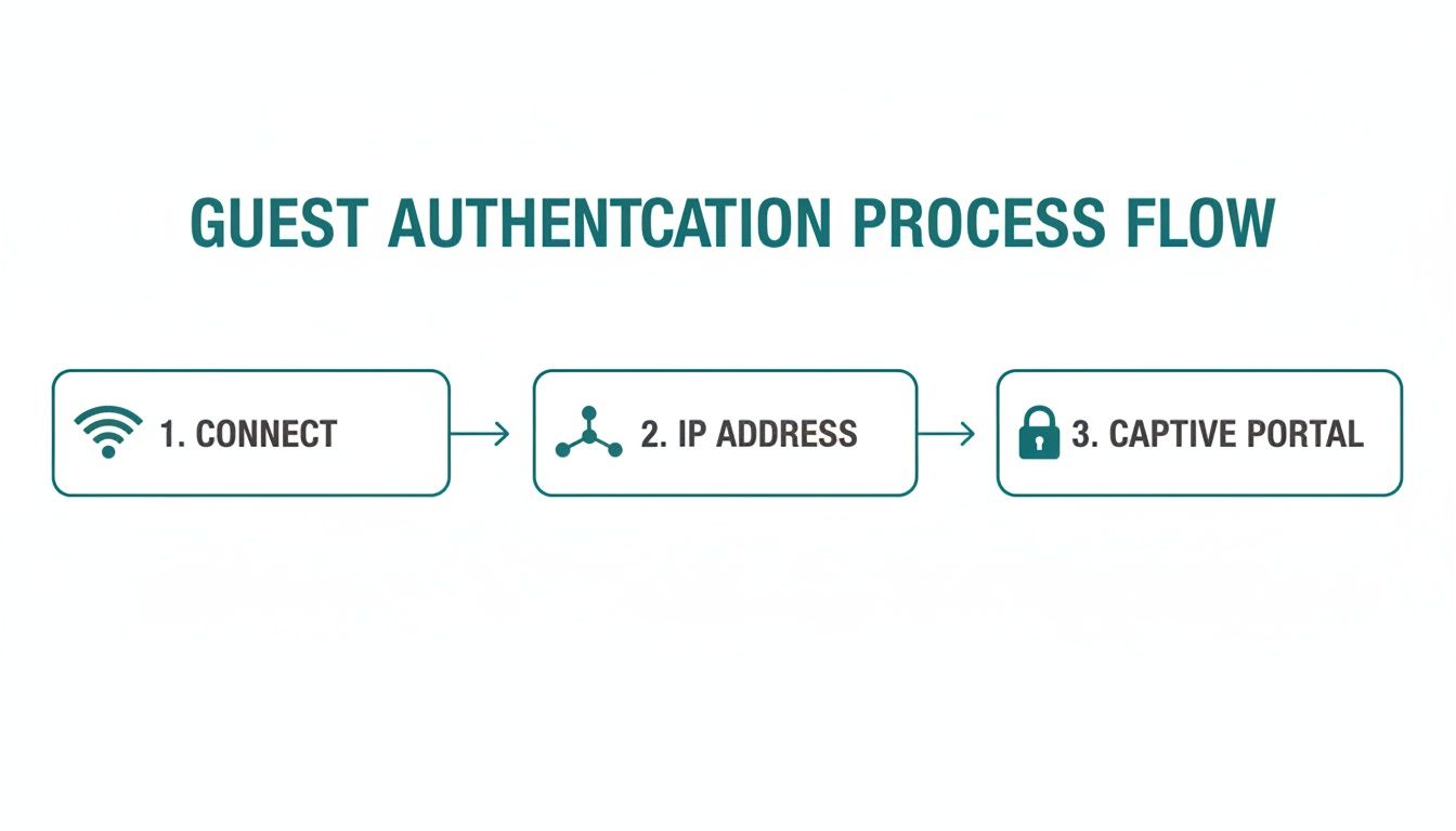 Flowchart illustrating the guest authentication process steps: Connect, IP Address, and Captive Portal.