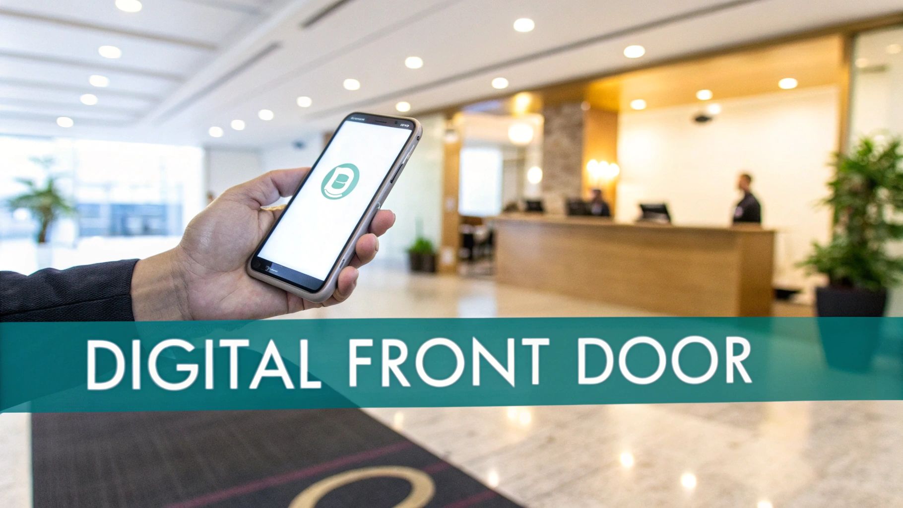 A person connecting to hotel Wi-Fi on their smartphone in a modern lobby.