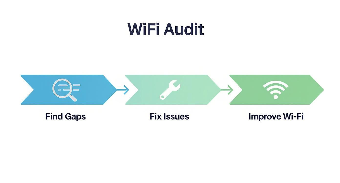 WiFi audit process flowchart showing three steps: find gaps, fix issues, and improve Wi-Fi network performance