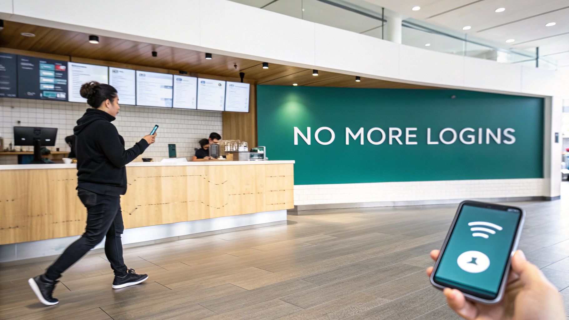 A person walking with a phone past a food counter and a "NO MORE LOGINS" sign.
