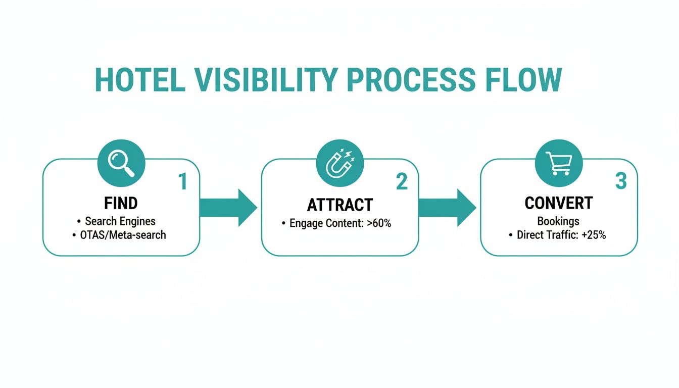 A hotel visibility process flow diagram detailing steps to find, attract, and convert guests.