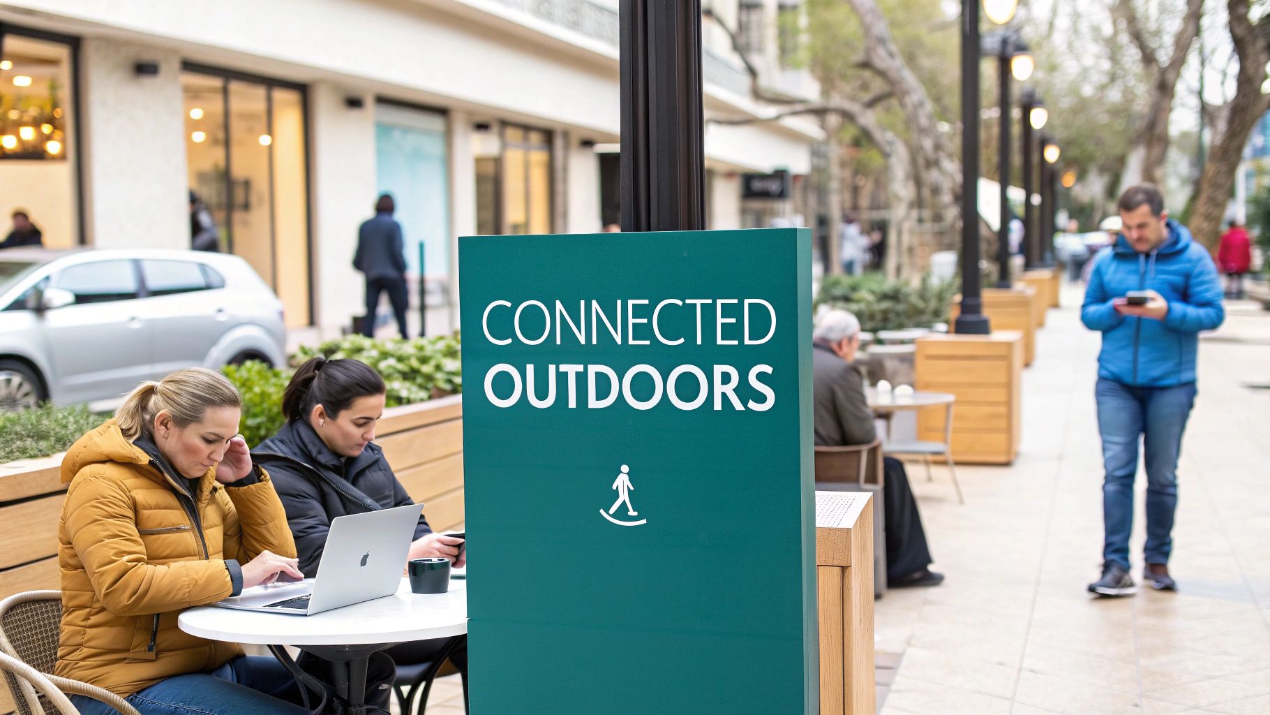 Screenshot showing students on a modern university campus using various devices like laptops and tablets, all connected to a seamless wireless network.
