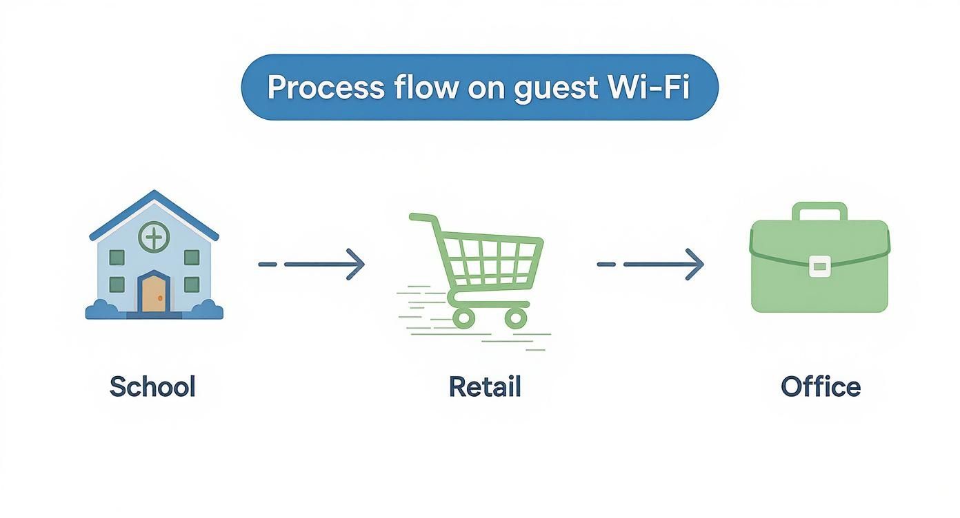 A process flow diagram illustrating guest Wi-Fi usage from school to retail and then to office.