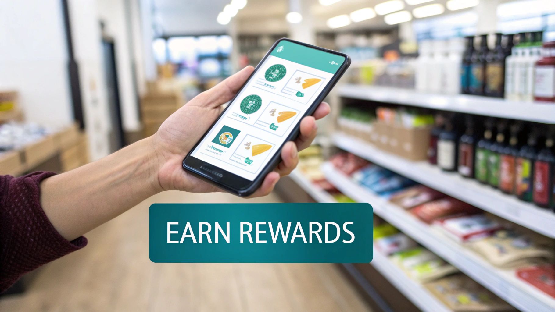 A customer's smartphone screen displaying a retail loyalty program app, showing points balance and exclusive member offers, with a coffee shop background.