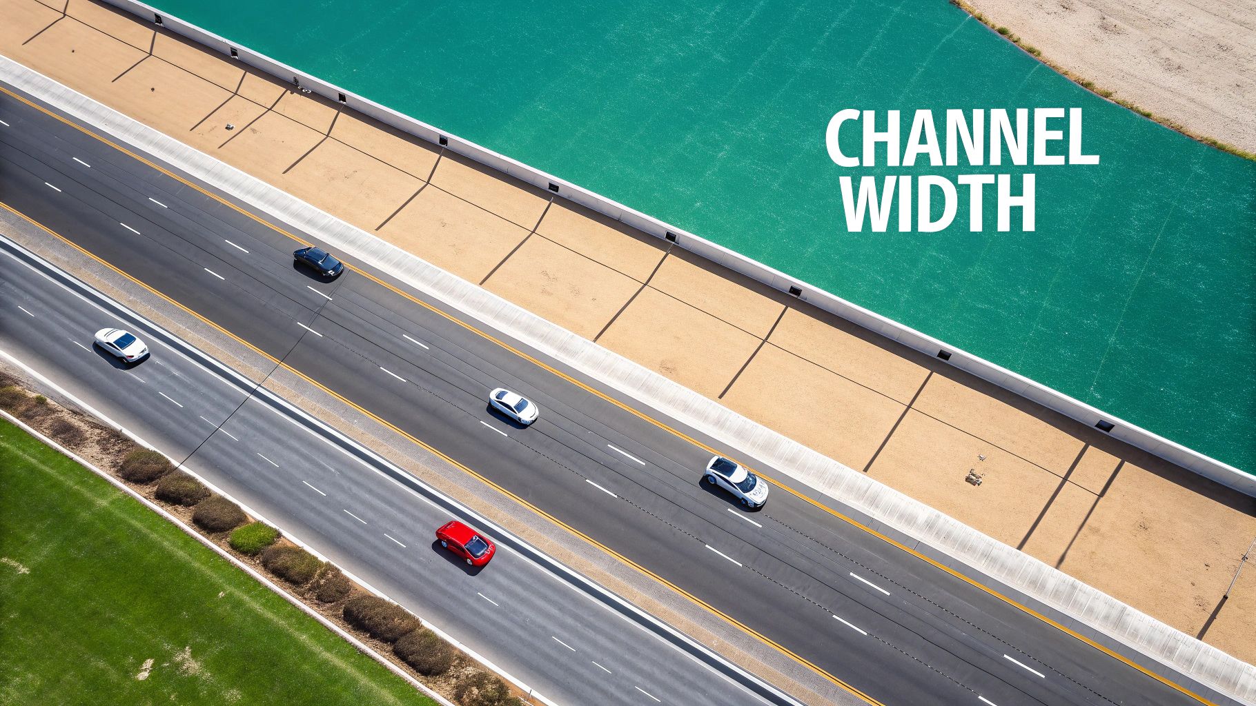 Aerial view of multi-lane highway with cars illustrating channel width concept for wireless networks