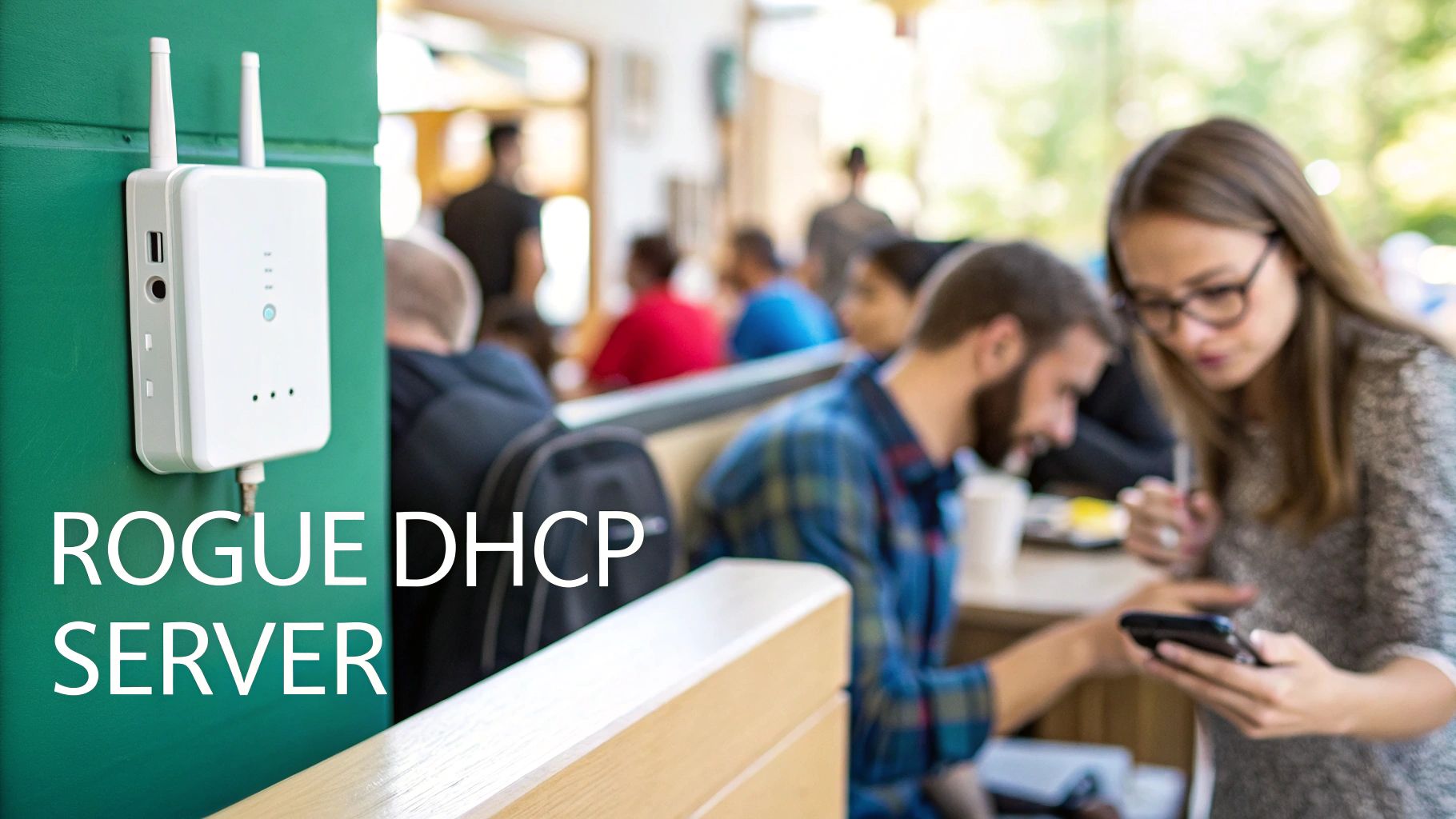 A white wireless access point on a green wall, with blurred people in a cafe, highlighting a rogue DHCP server.