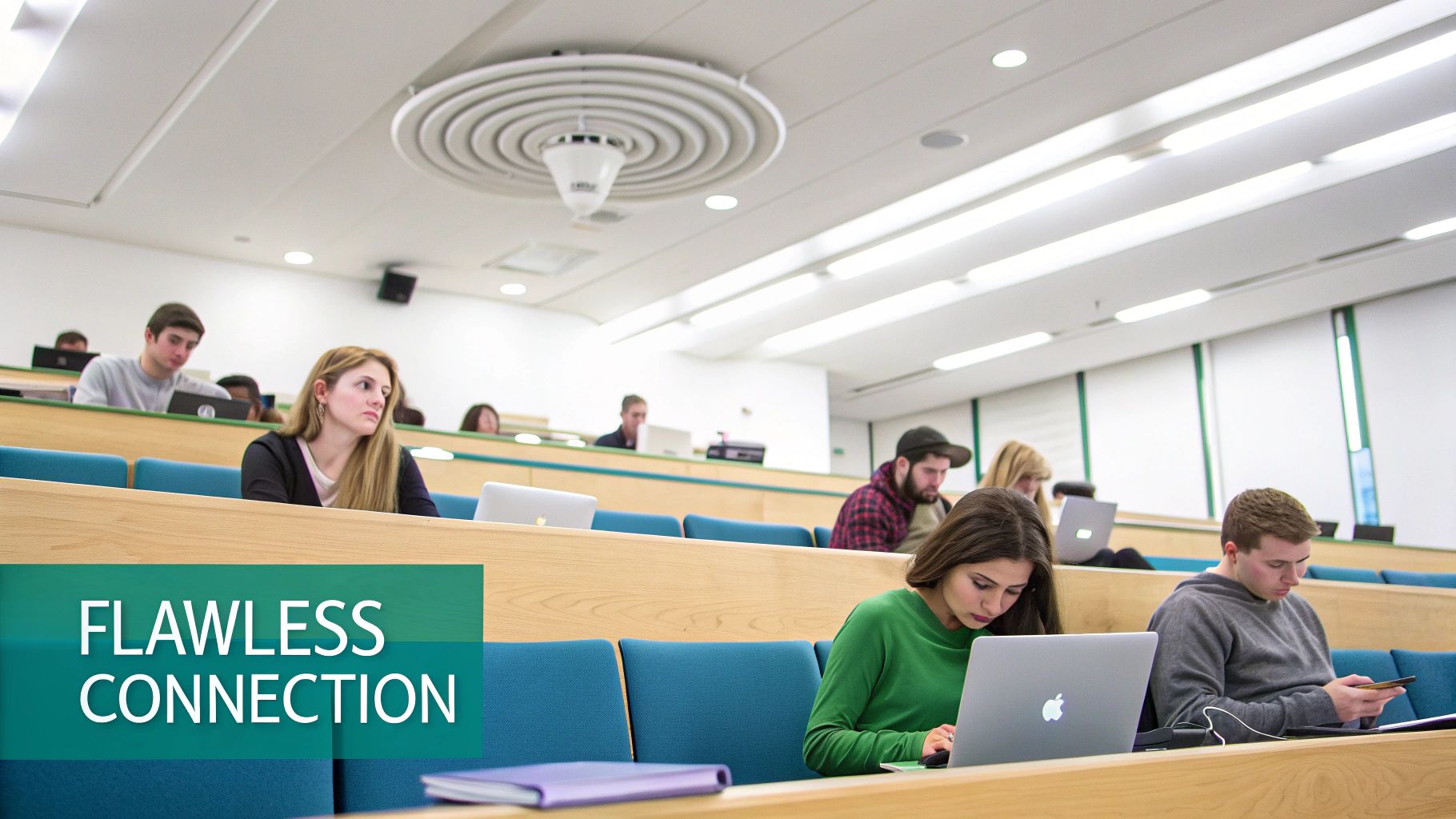 Students actively engaged in a modern lecture hall, using laptops and phones for learning.