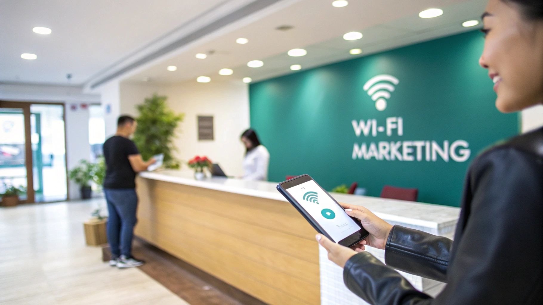 Person using smartphone with Wi-Fi symbol in a modern office lobby displaying 'WI-FI MARKETING'.