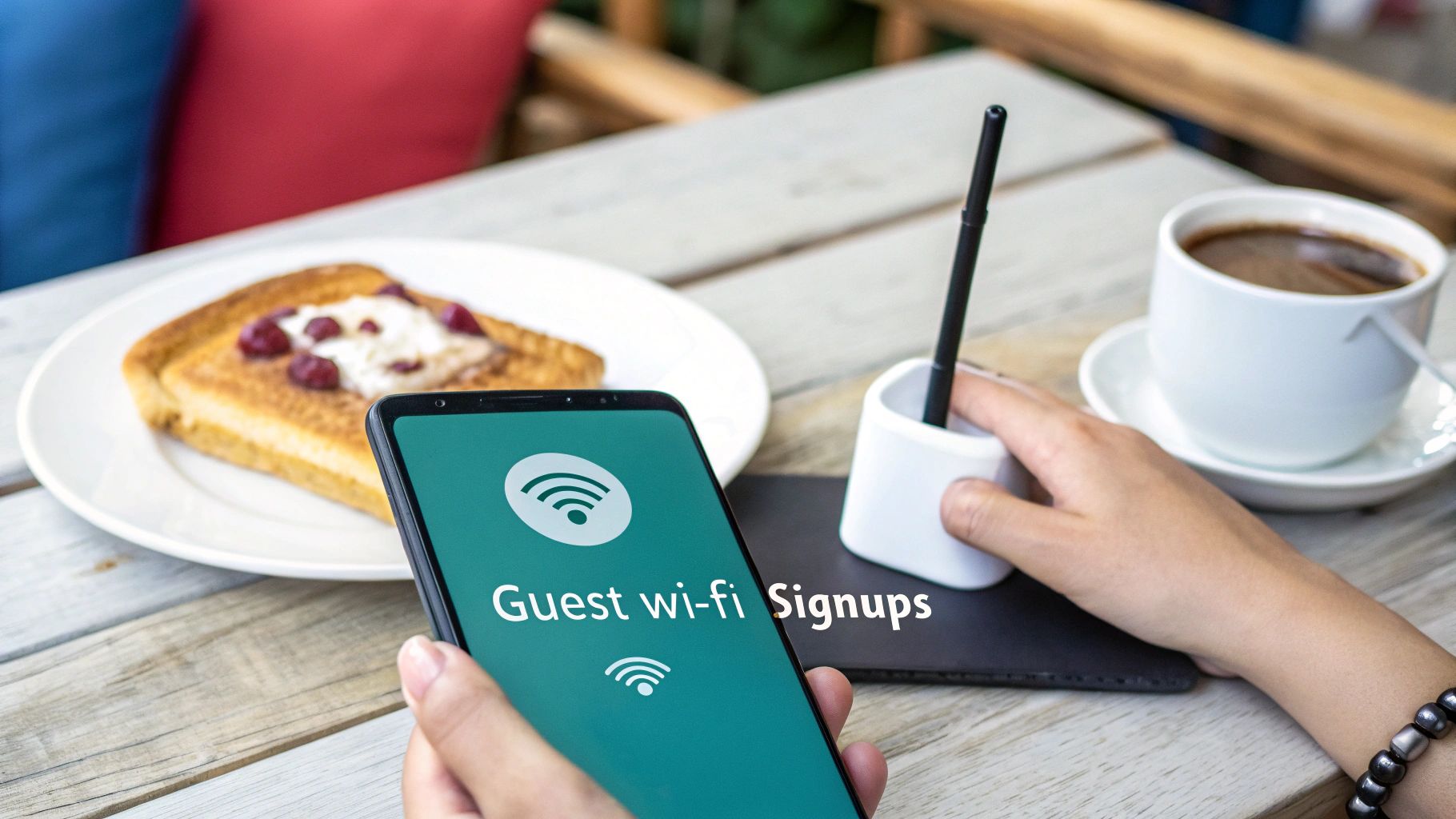 Close-up of a person holding a smartphone displaying a 'Guest wi-fi Signups' screen at a cafe table with breakfast items.