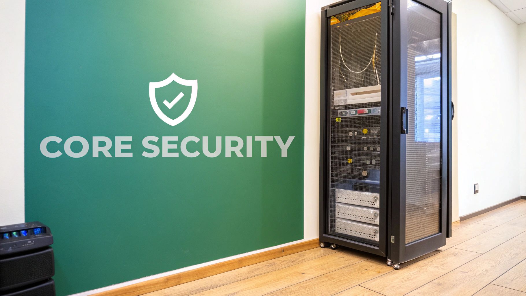 A server rack next to a green wall with a 'CORE SECURITY' sign and shield icon.
