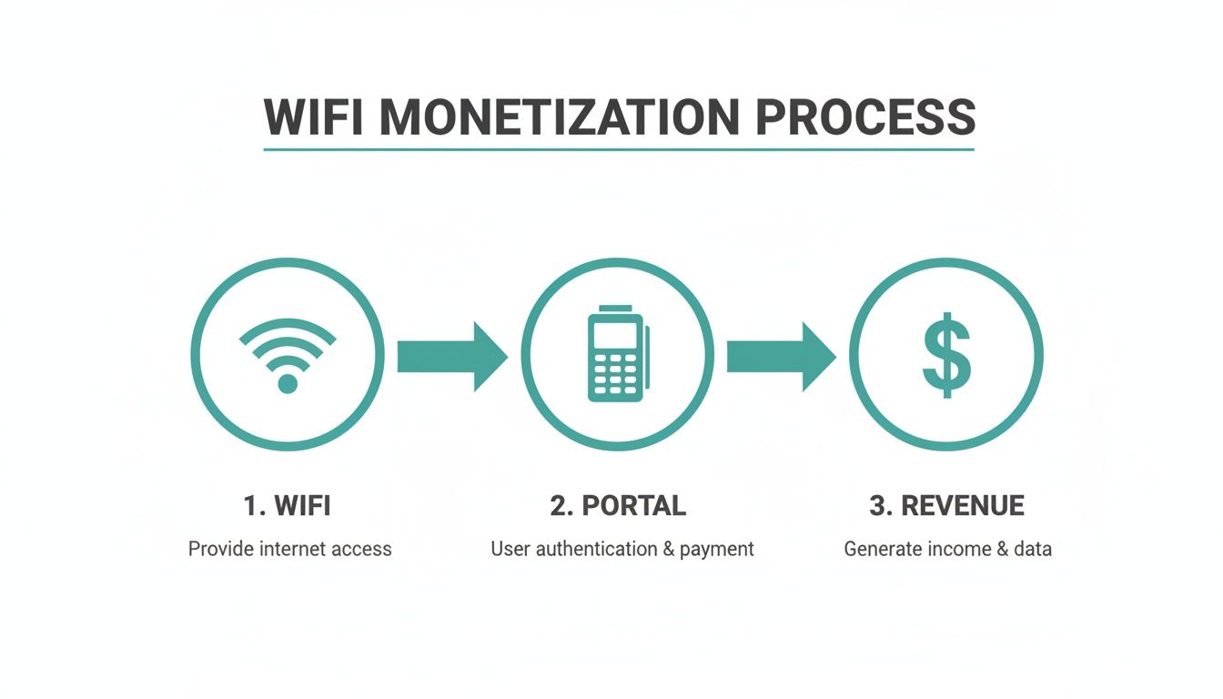Diagram illustrating the three-step WiFi monetization process: WiFi, portal, and revenue generation.