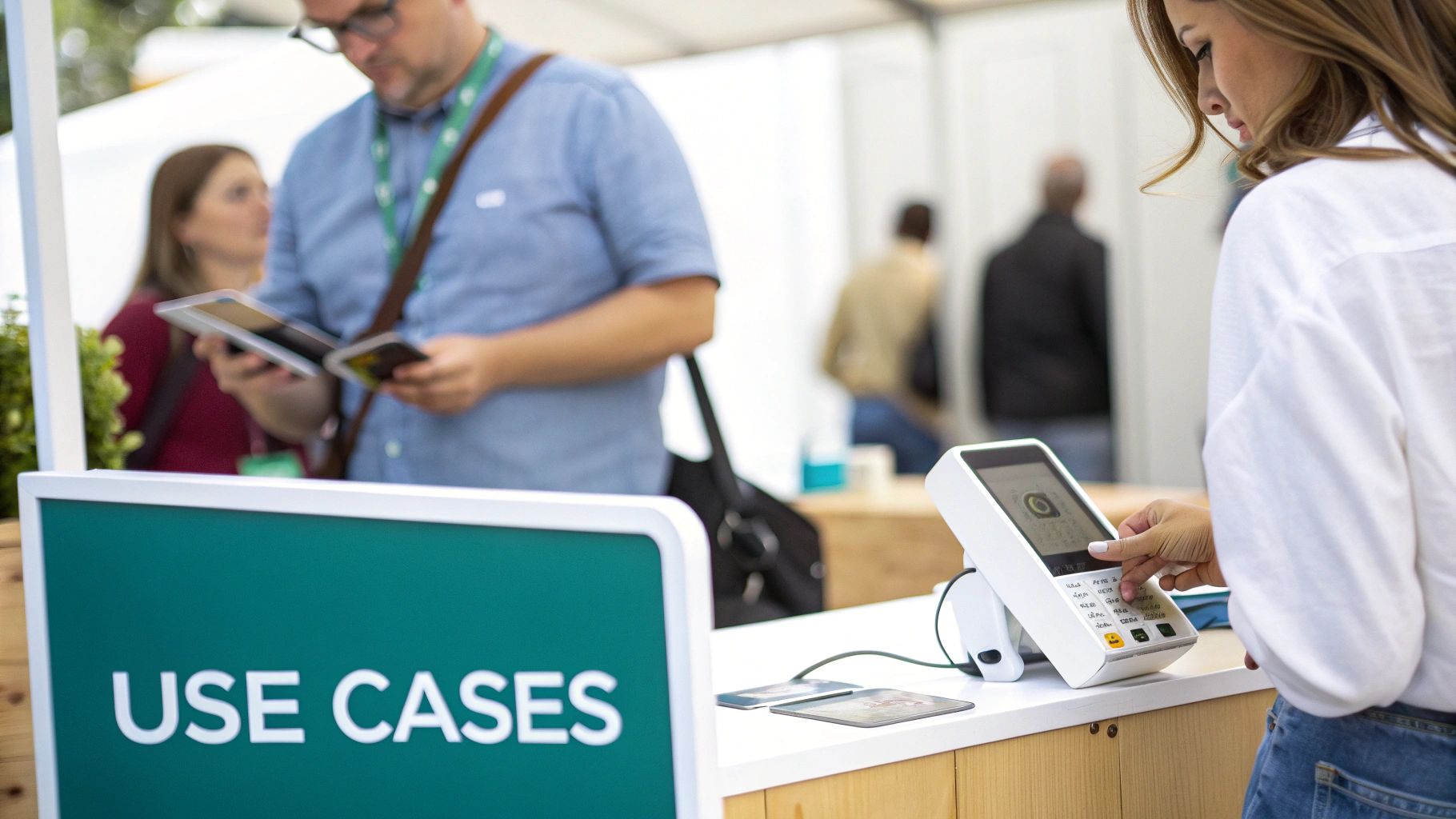 Woman interacts with a white payment terminal at a busy event booth with a 'USE CASES' sign.