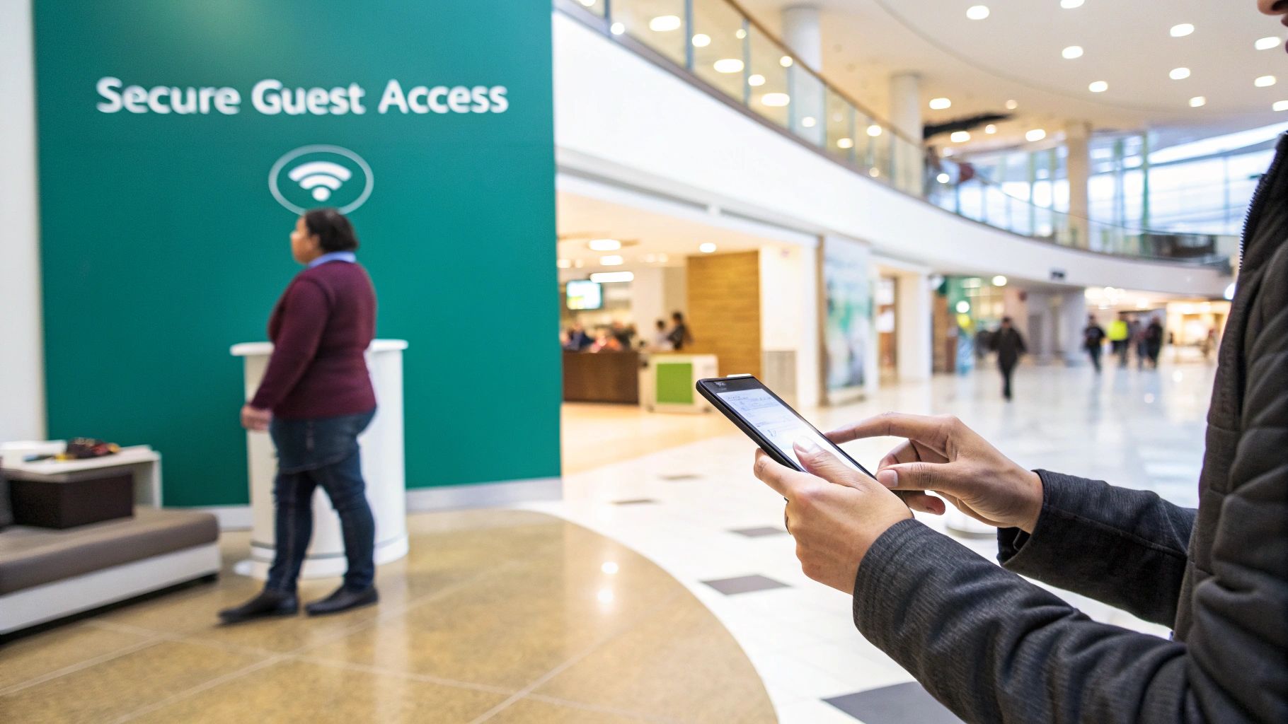 A person uses a smartphone in a modern building with a "Secure Guest Access" sign.