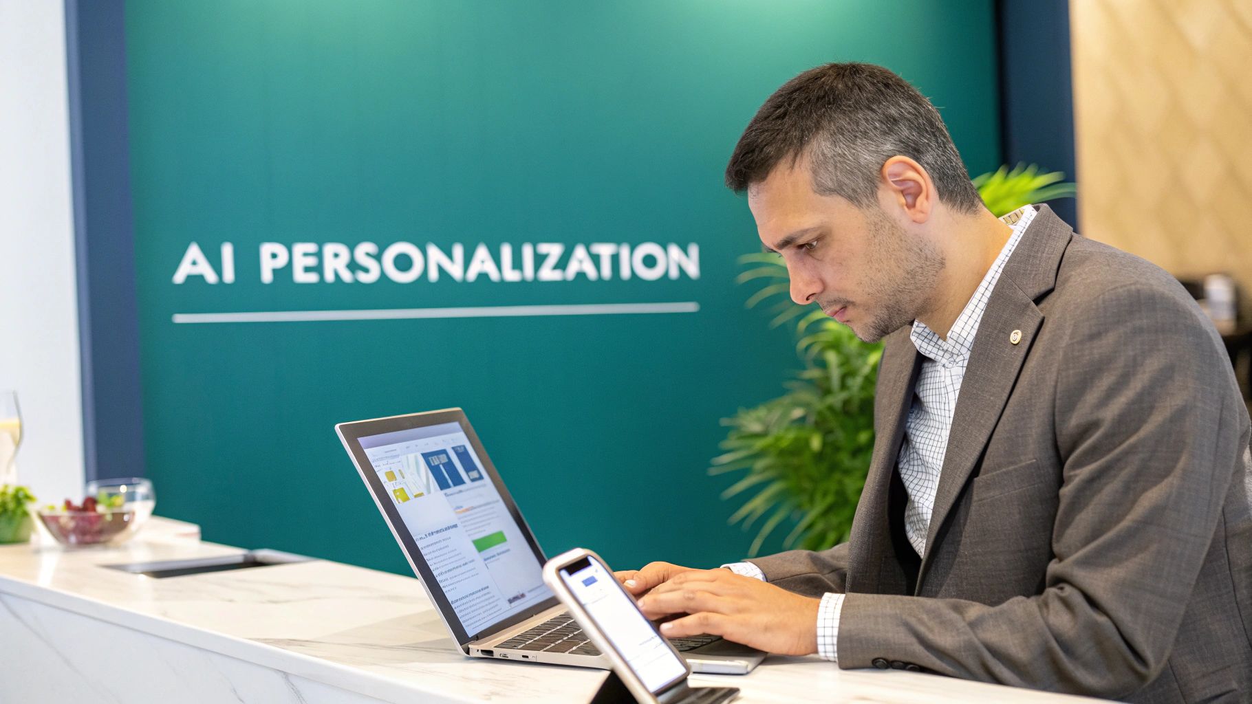 Man working on laptop and smartphone at a counter with "AI Personalization" on a green wall.