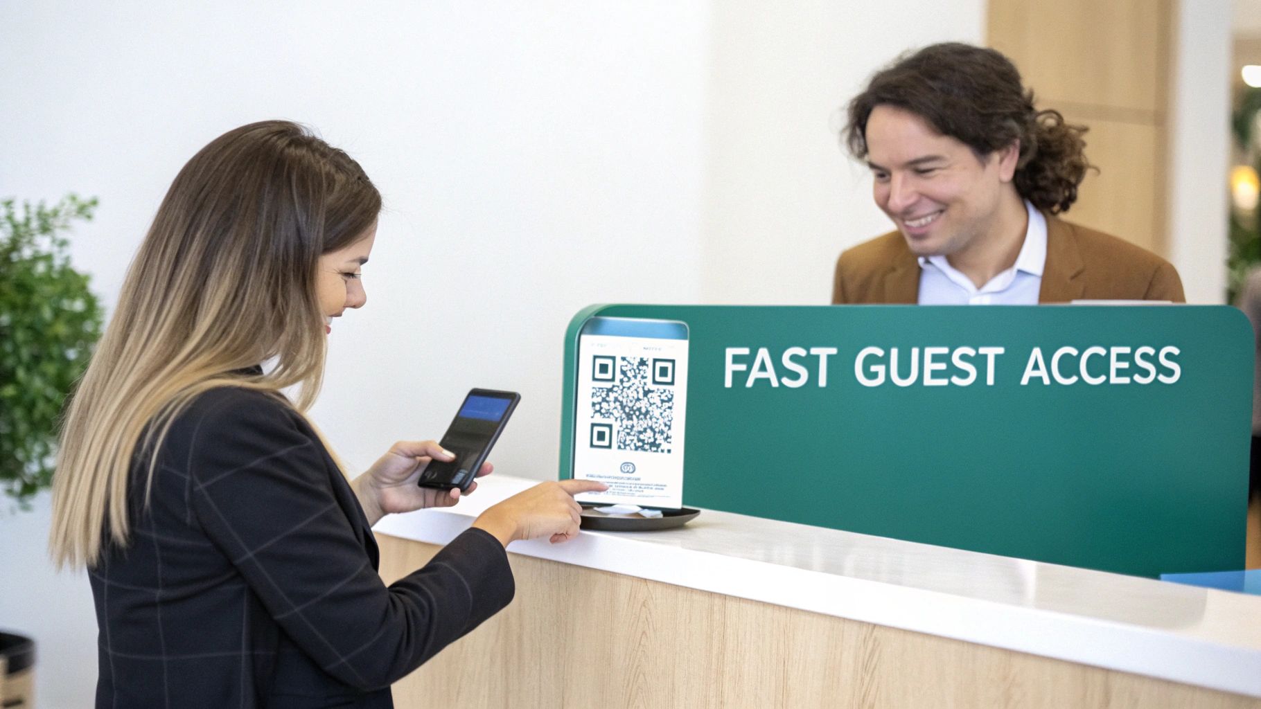 A guest uses a smartphone to scan a QR code for fast, self-service check-in at a modern reception.