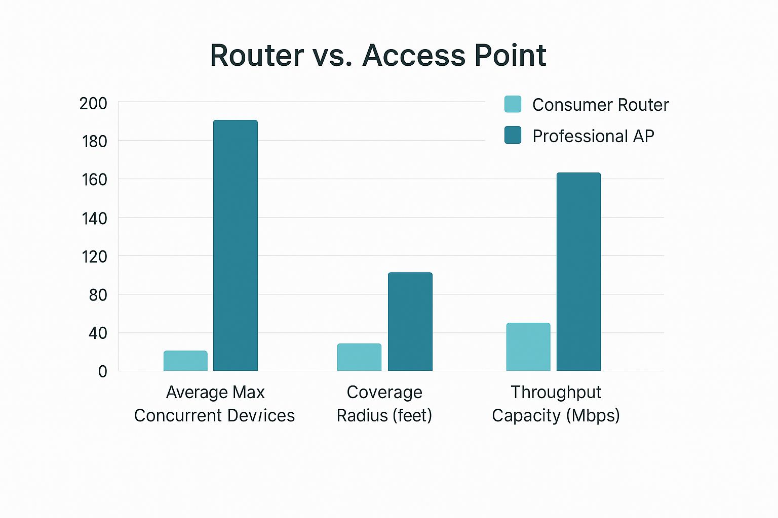 An infographic comparing a consumer router to a professional access point across metrics like concurrent devices, coverage, and throughput.