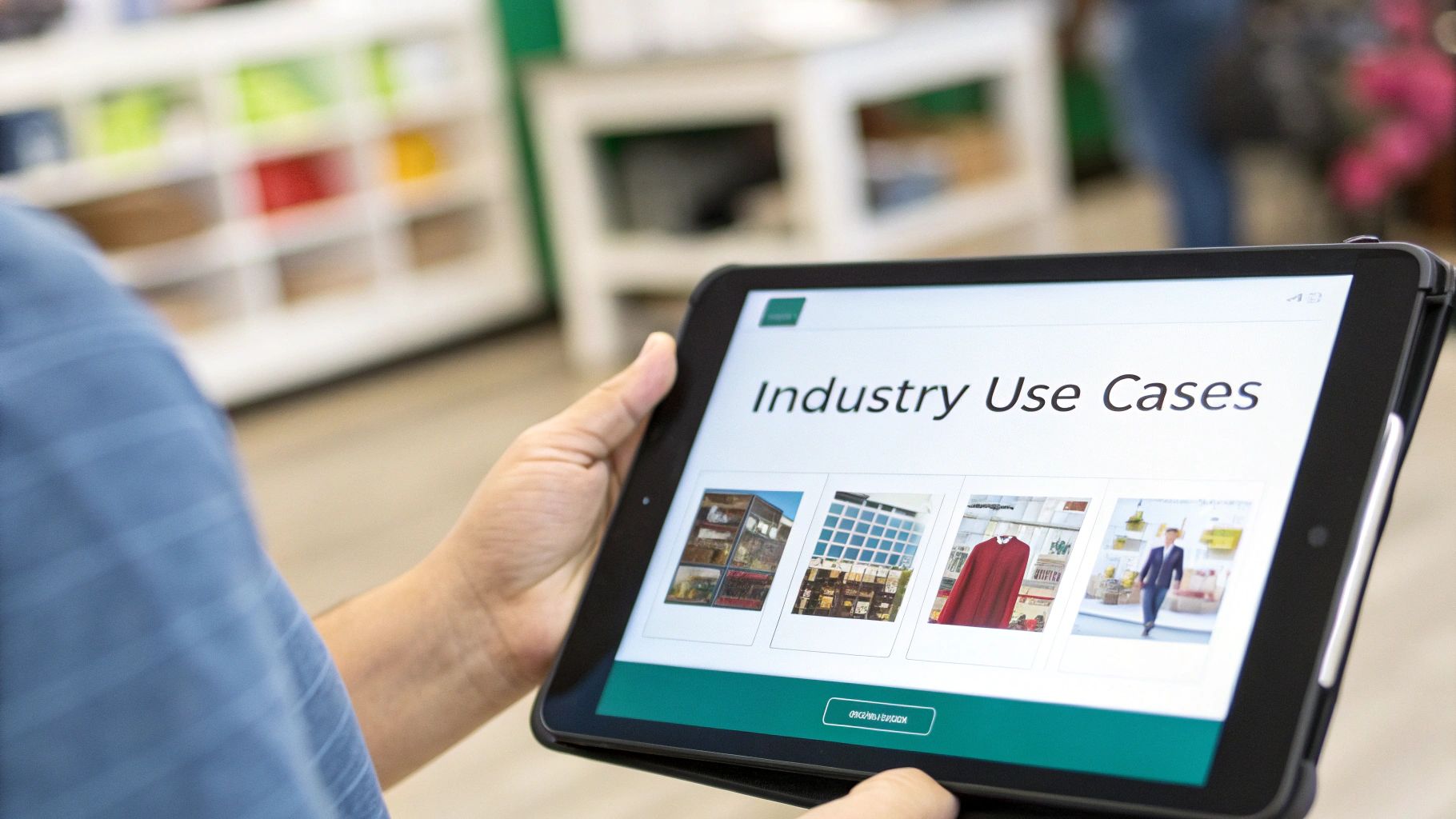 A person viewing "Industry Use Cases" on a tablet, showcasing various industry applications.