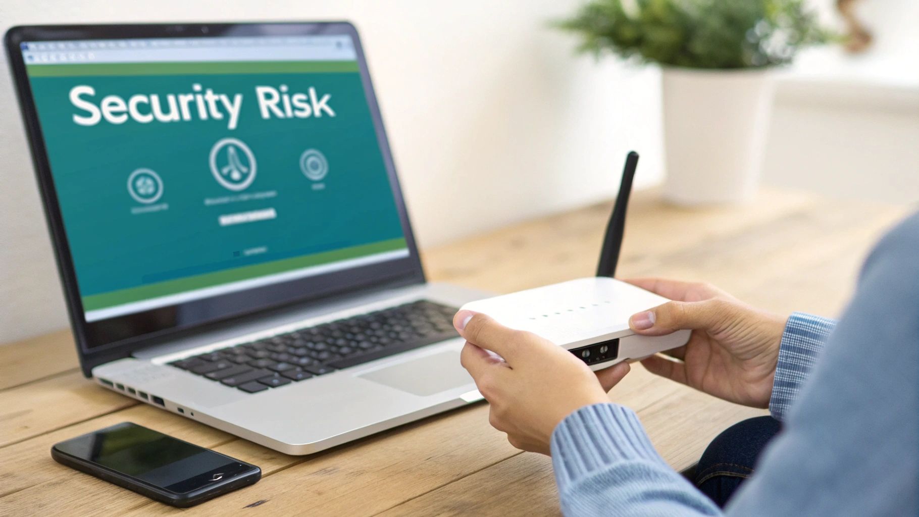 A person holds a network router as a laptop screen displays a 'Security Risk' warning.