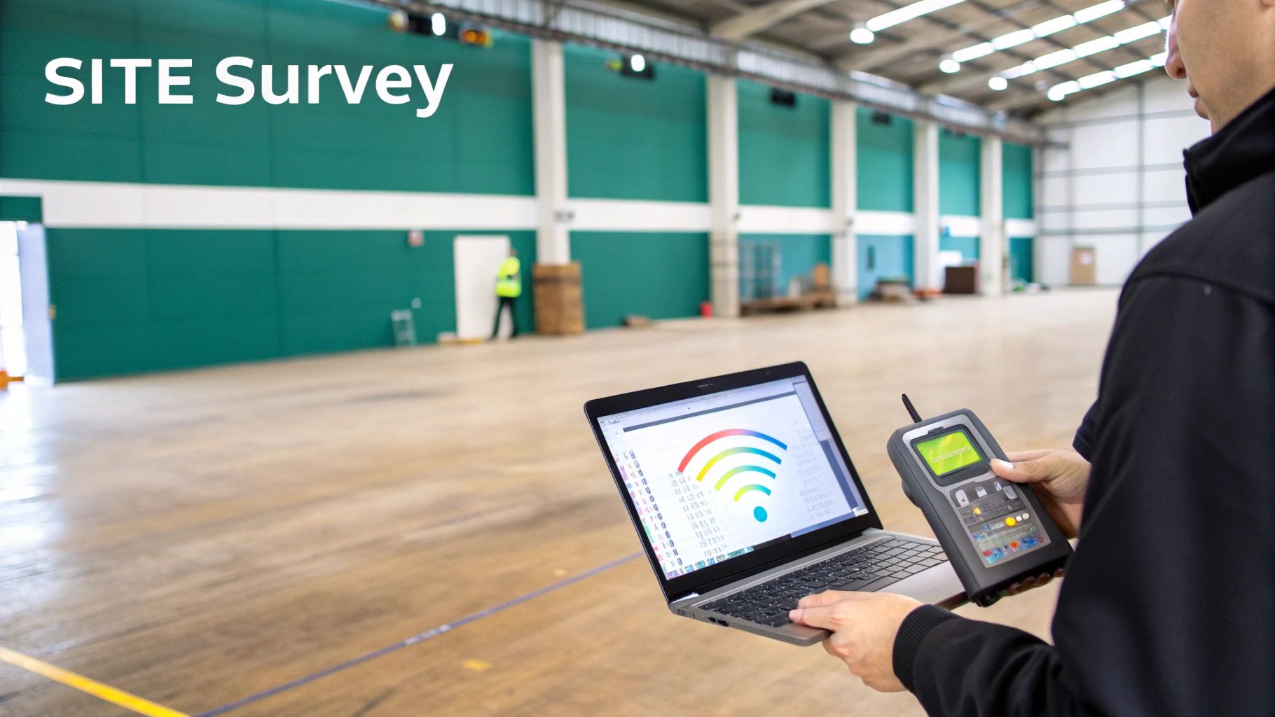 Person conducting a site survey, using a laptop showing Wi-Fi signals and a handheld device, in a large warehouse.