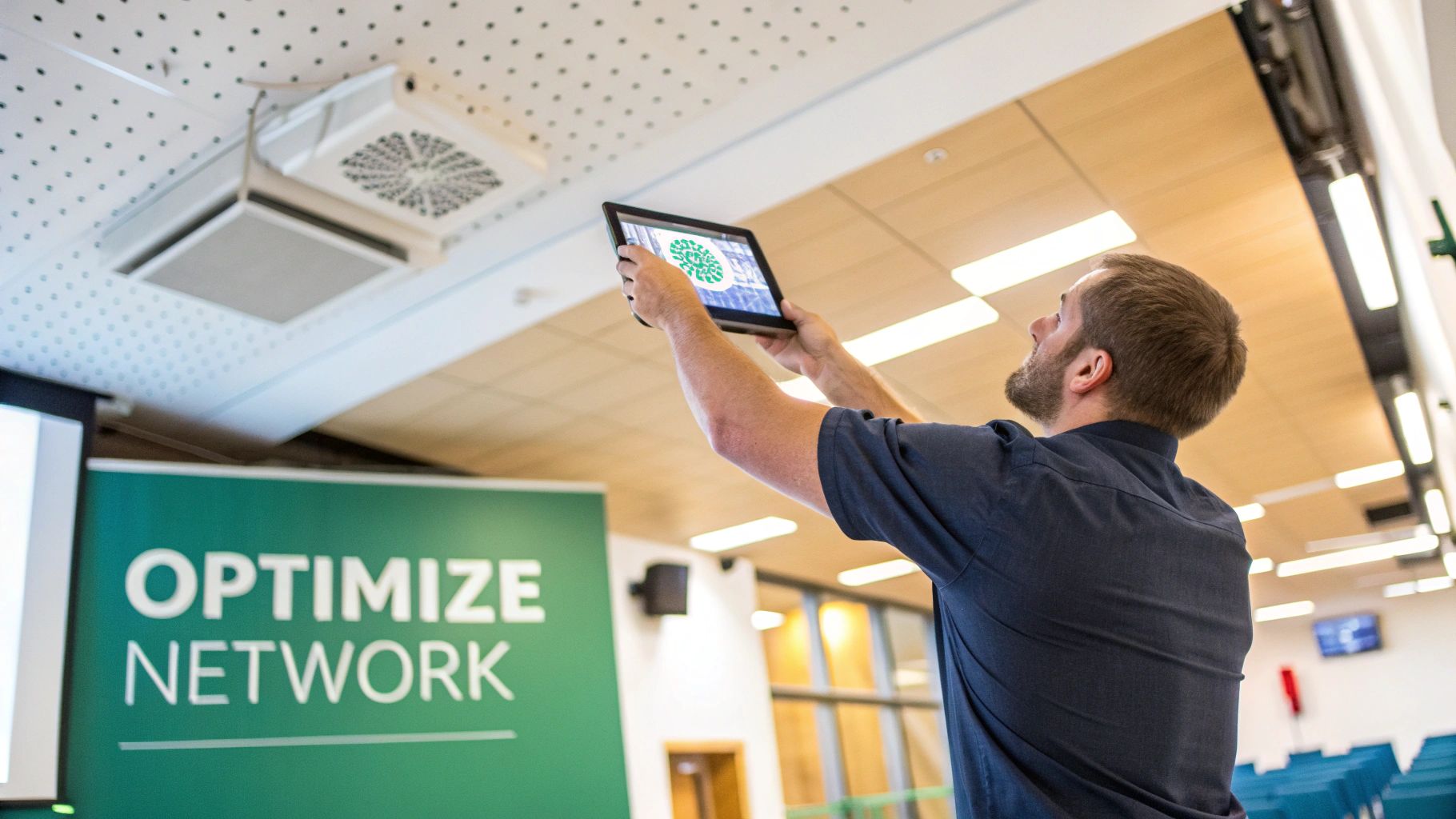 A close-up shot of a modern WiFi access point mounted on a ceiling, with subtle light indicators showing it's active.