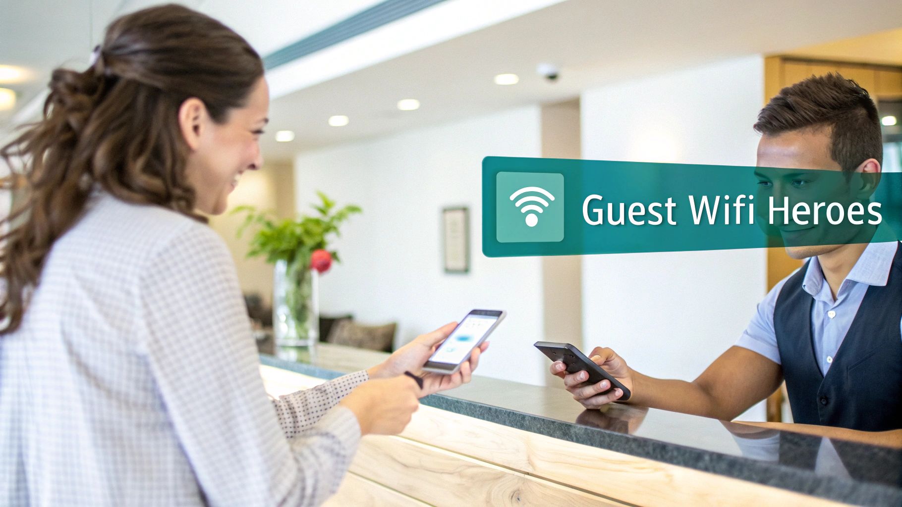 A smiling guest and hotel staff interact at a reception desk, both using smartphones, with 'Guest Wifi Heroes' text.