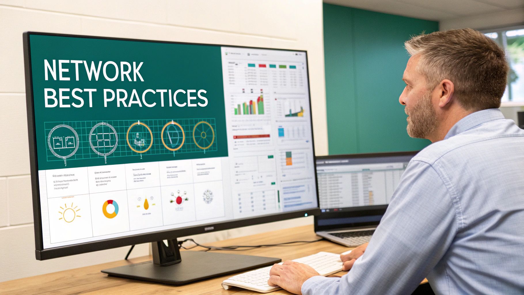 A man in a light blue shirt works at a desk with a large monitor displaying 'NETWORK BEST PRACTICES'.