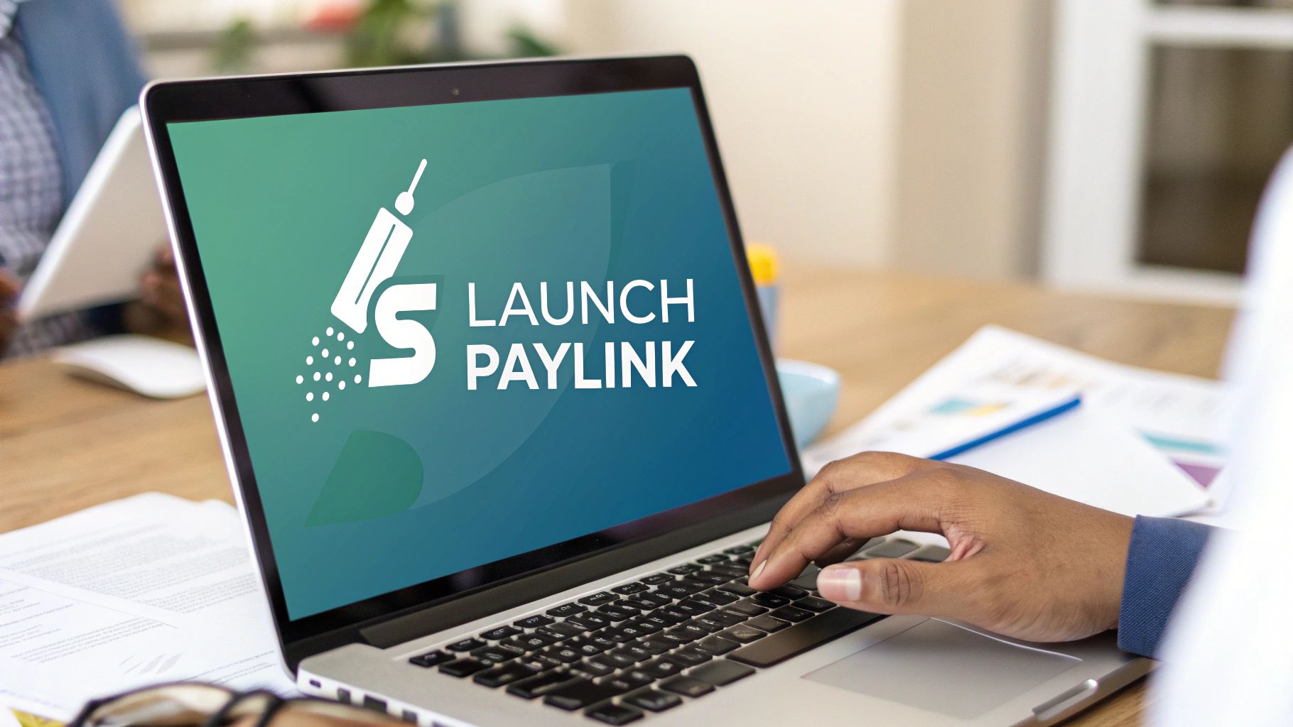 A person types on a laptop displaying the 'LAUNCH PAYLINK' logo and text on its screen.