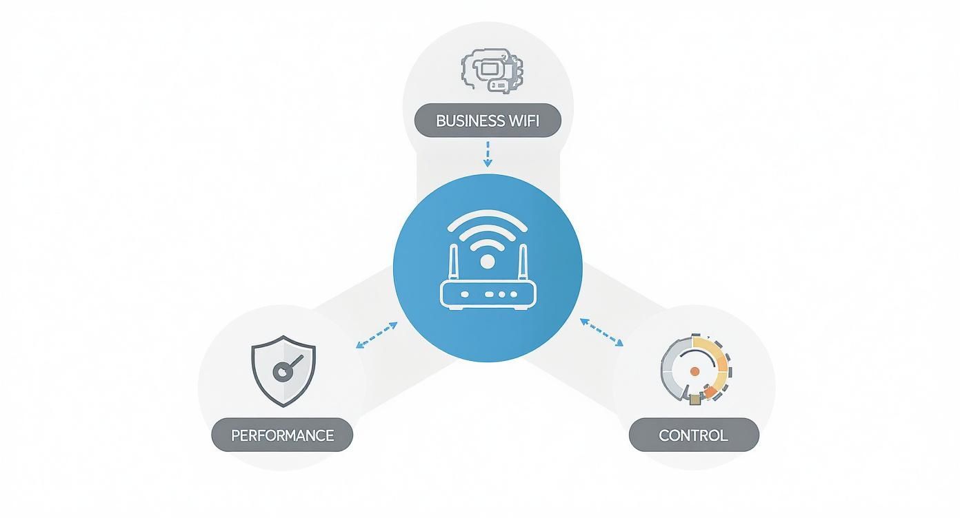 A diagram with a central WiFi router icon, connected to business WiFi, performance, and control elements.