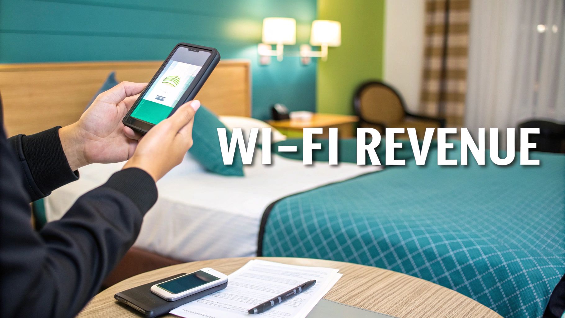 Hands holding a smartphone in a hotel room, displaying Wi-Fi related content, with 'WI-FI REVENUE' text.