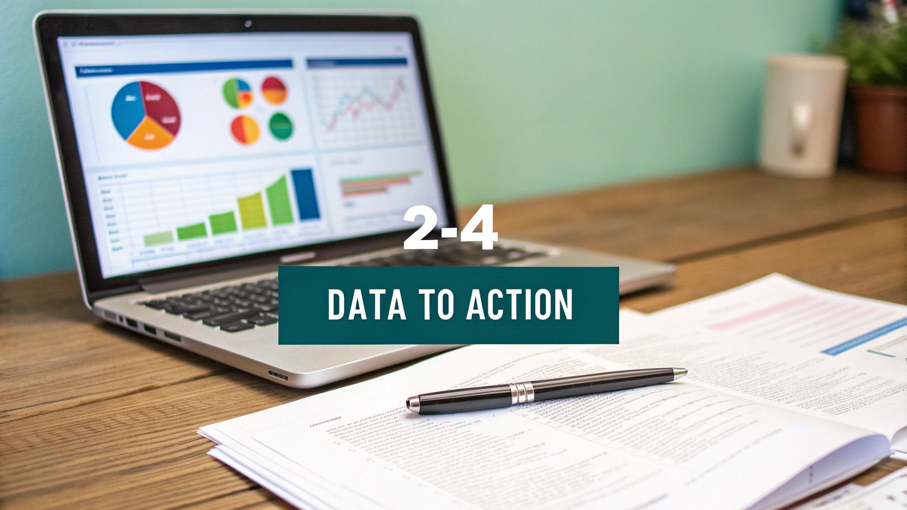 A laptop displays data charts and graphs on a wooden desk with a pen and documents, representing data to action.