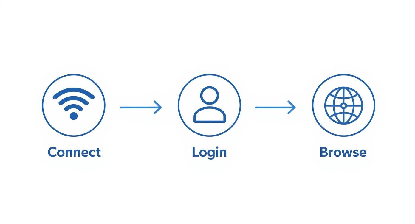A diagram illustrates the steps to access the internet: Connect (Wi-Fi), Login (user profile), then Browse (globe).