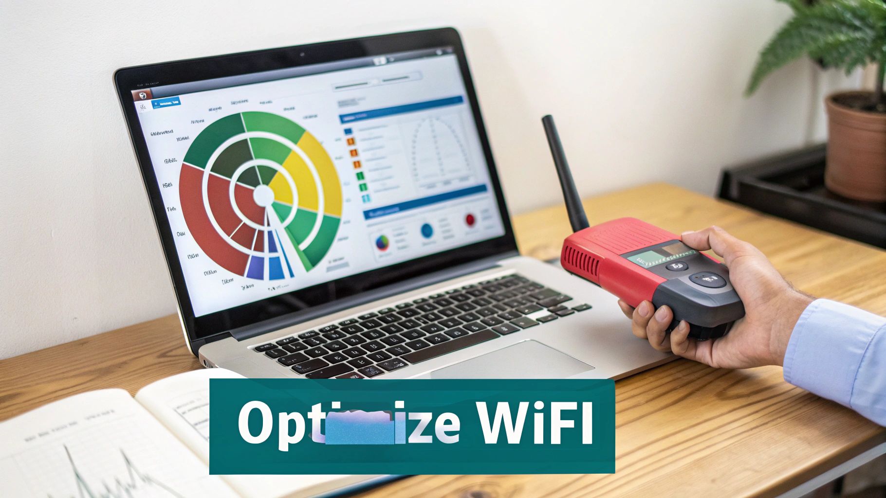 Professional using WiFi analyzer device to optimize network performance and bandwidth on laptop dashboard