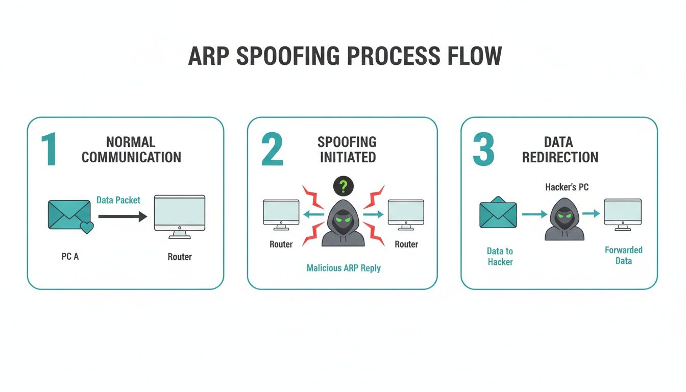 Diagram showing the three-step ARP Spoofing process: normal communication, spoofing initiated, and data redirection.
