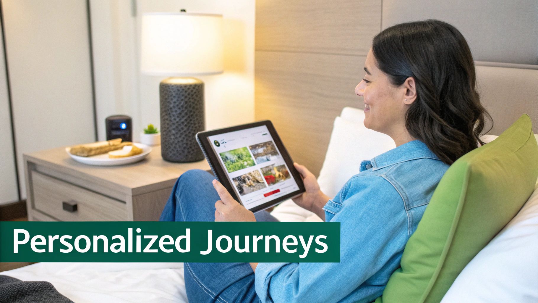 A smiling woman relaxes in bed, viewing personalized travel experiences on a tablet device.