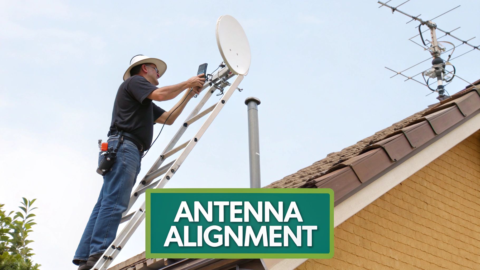 A technician on a ladder precisely aligning a white satellite dish antenna on a house roof.