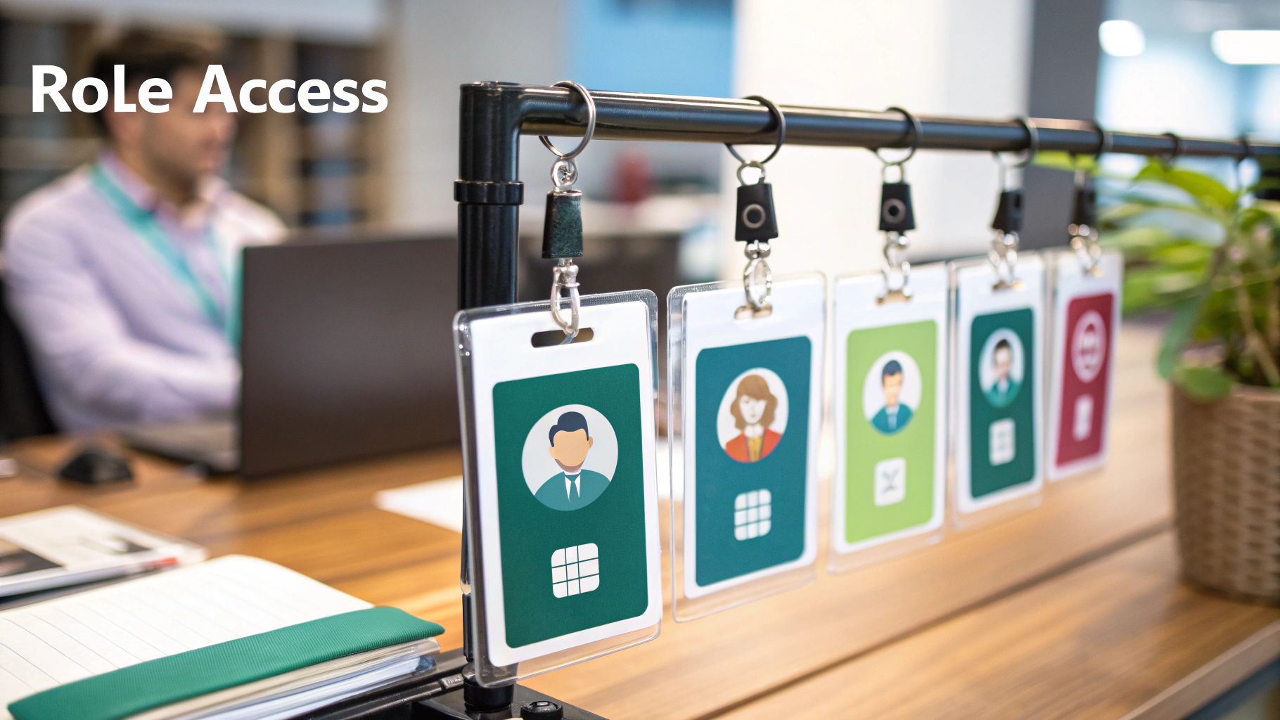 Illustration showing different user roles with specific access permissions to network resources, representing Role-Based Access Control.