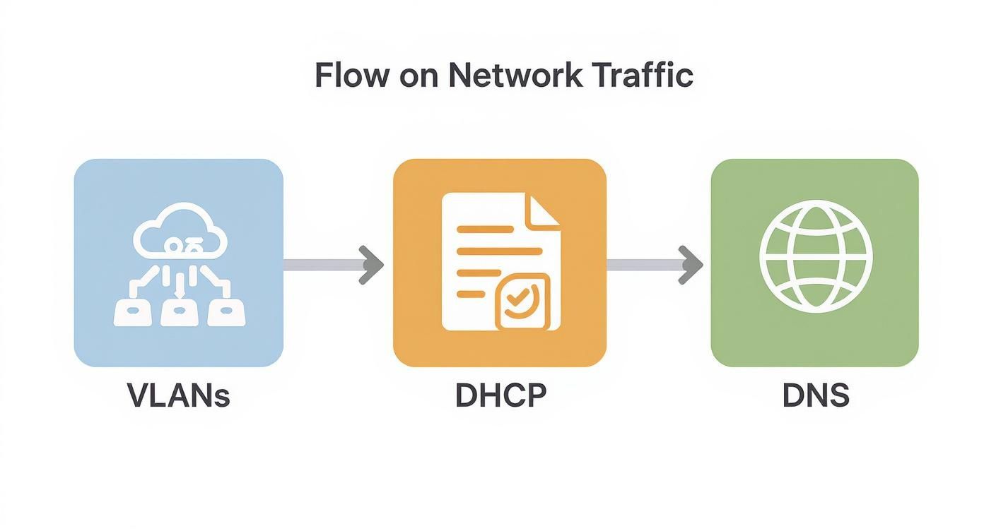 Network traffic flow diagram showing VLANs connecting to DHCP then DNS with directional arrows