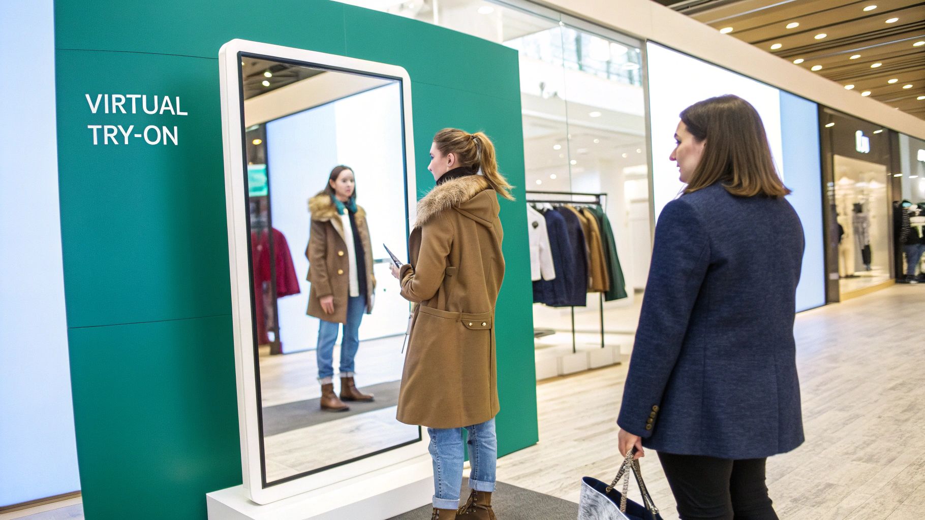 An interactive digital kiosk in a modern retail setting, showing product information and options, demonstrating how technology enhances the in-store customer experience.
