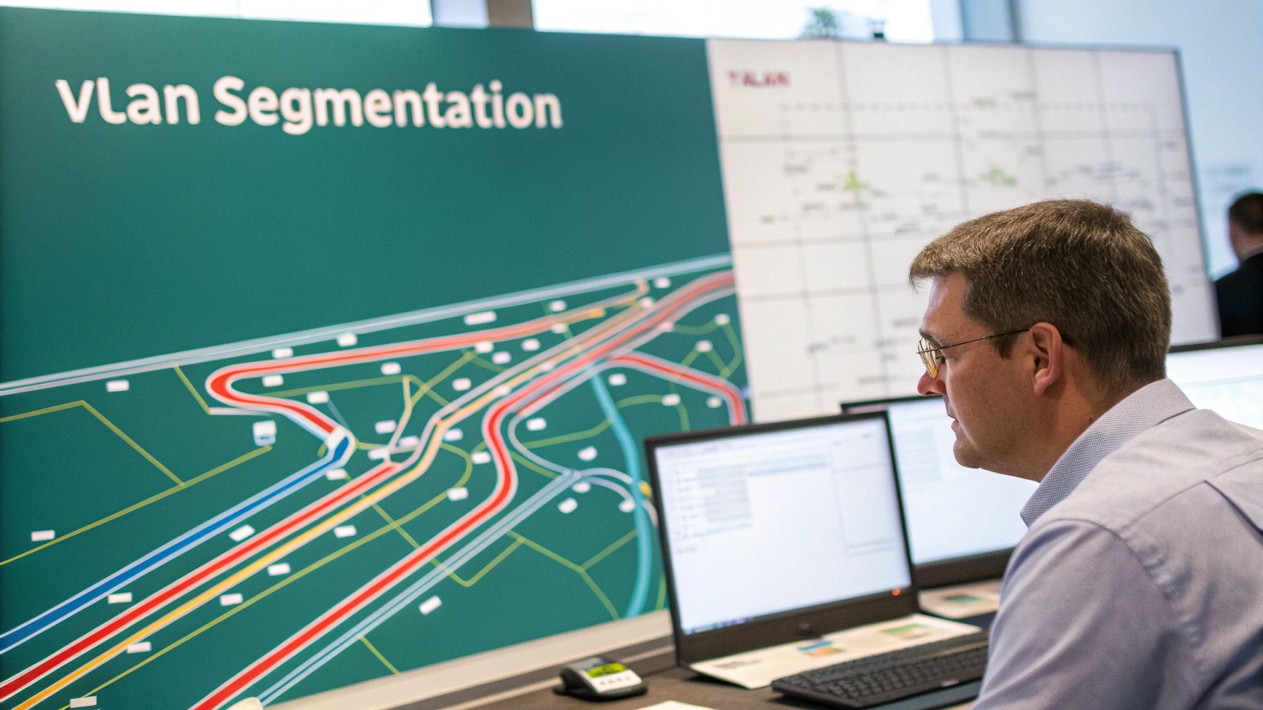 Man in glasses works at computer monitors, with a large 'VLAN Segmentation' diagram display behind him.