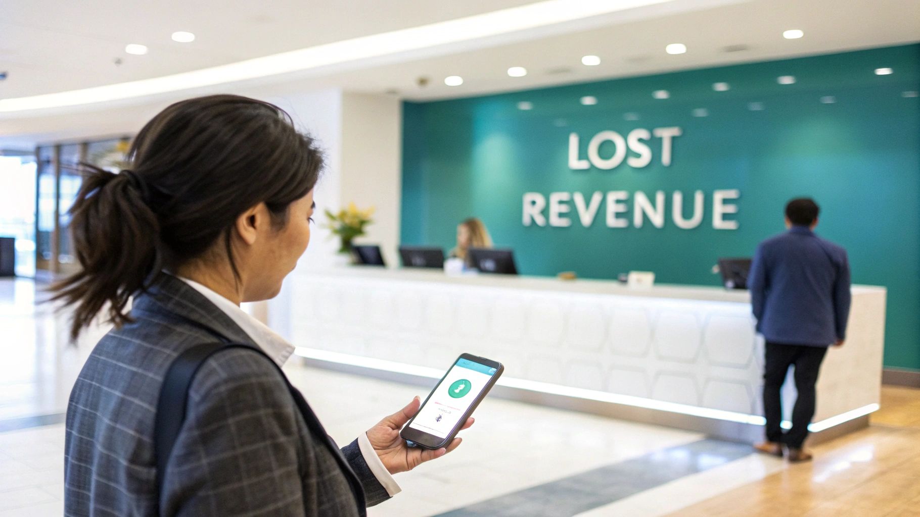 A woman holds a smartphone showing a weak signal icon, facing a reception desk with 'Lost Revenue' on the wall.