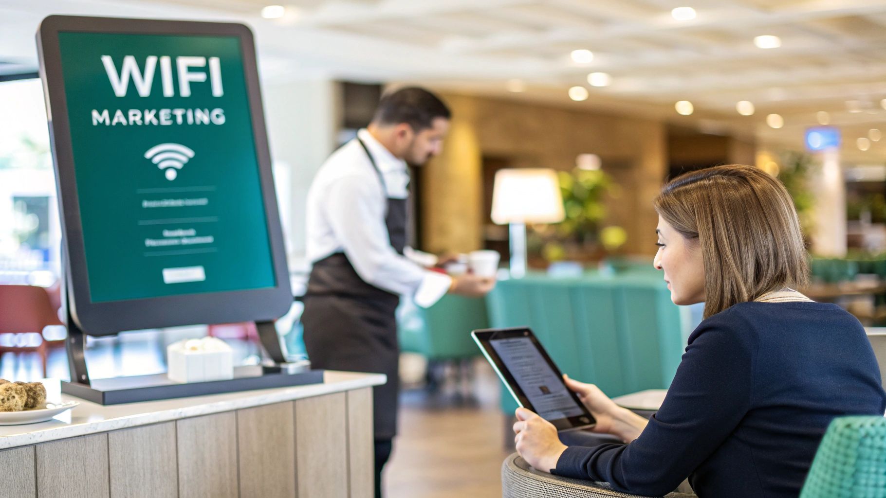 A woman uses a tablet in a modern cafe lounge, while a "WIFI MARKETING" sign is visible.