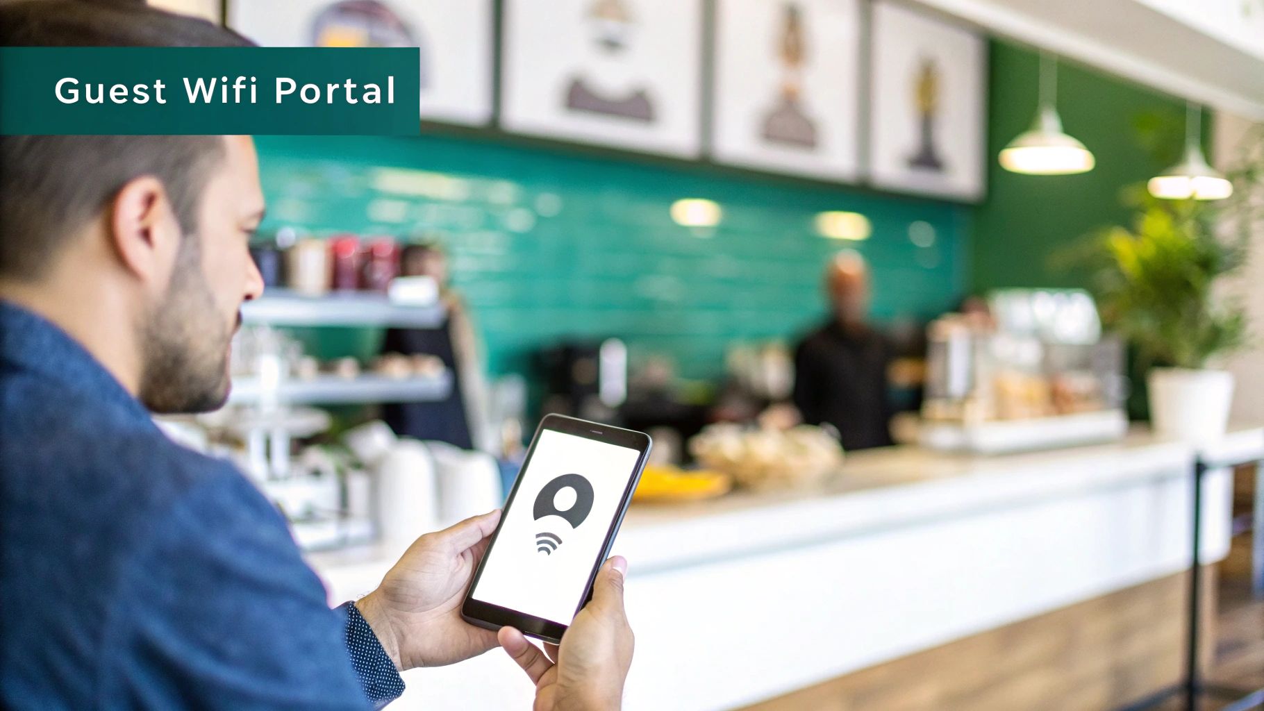 A person uses a smartphone with a Wi-Fi icon, connecting to a guest portal in a cafe.