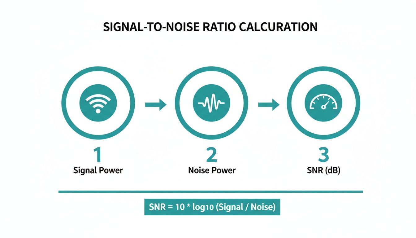 Flowchart illustrating signal-to-noise ratio calculation using signal power, noise power, and the SNR formula.