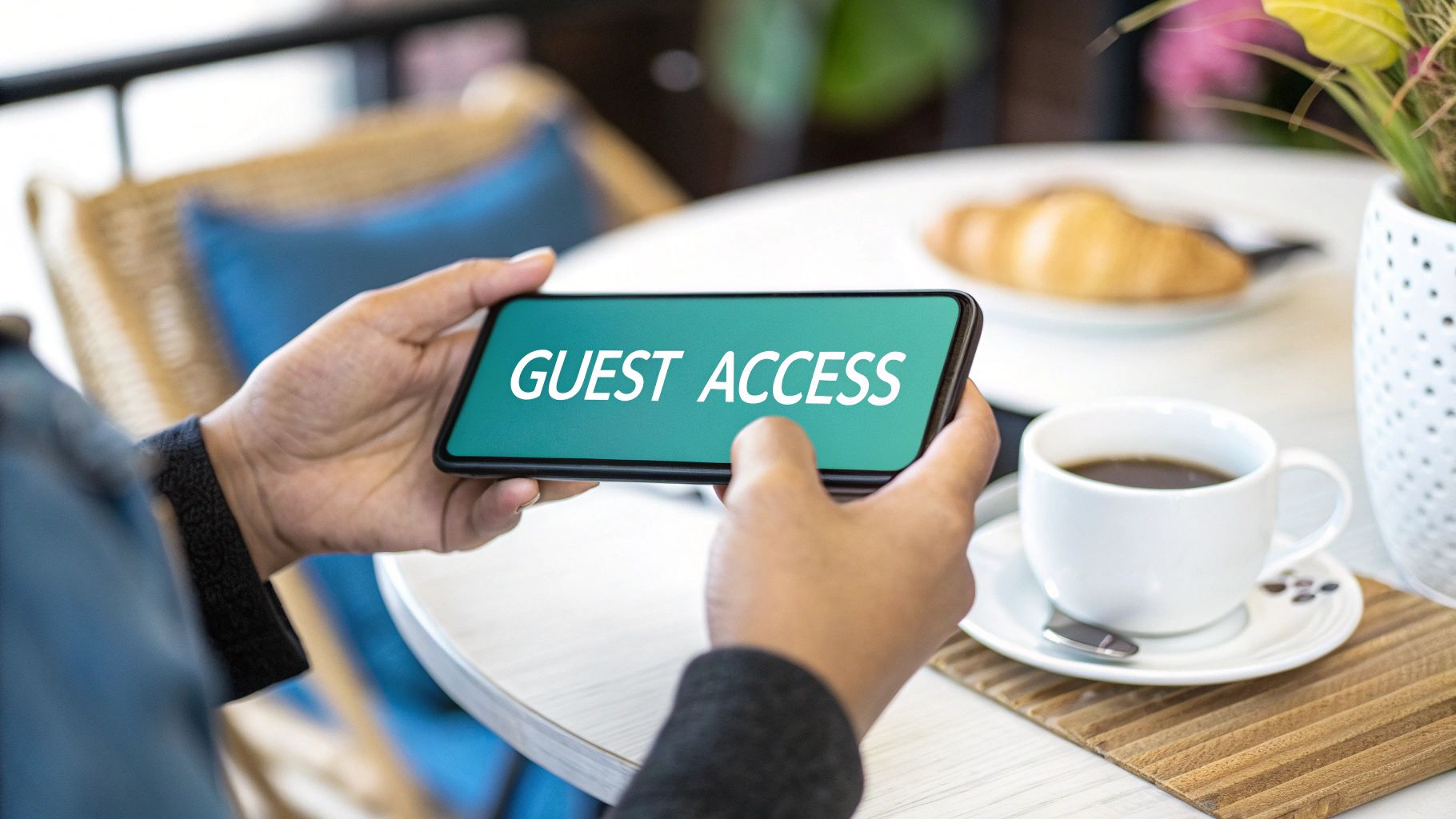A person holds a smartphone displaying "GUEST ACCESS" in a cafe setting with coffee and pastry.