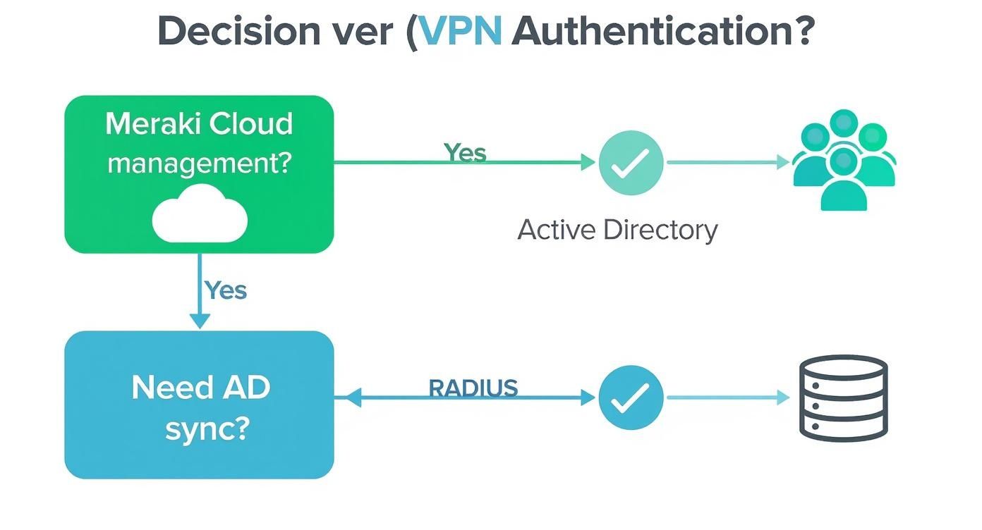 Infographic decision tree showing authentication choices for Meraki Client VPN, starting with simple user management leading to Meraki Cloud, or more complex needs leading to Active Directory or RADIUS.